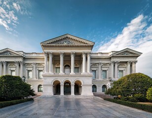 Obraz premium A classic marble building with a grand facade, adorned with columns and arches, stands as a symbol of architectural grandeur.