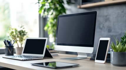 Office desk with monitor laptop tablet smartphone arranged neatly free space background