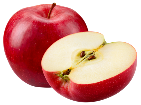 Red apple isolated png. Whole apple and a half on transparent background. PNG format. Red apples with no background. Full depth of field.