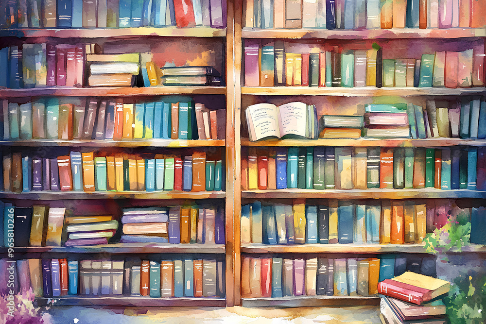 Aufkleber a colorful bookshelf filled with various books, inviting exploration and learning.