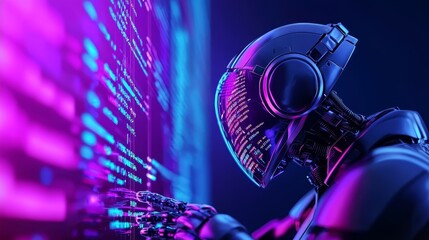 Futuristic robot working on algorithmic trading code, bathed in cool blue and purple lights, minimalistic digital interface