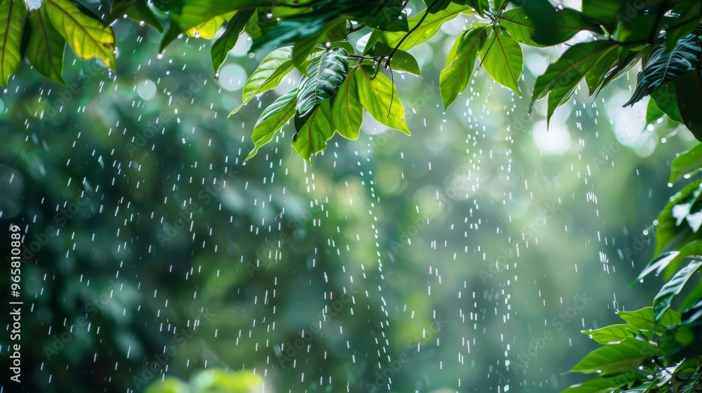Poster a forest scene with heavy rainfall, droplets cascading from lush green leaves and creating a curtain