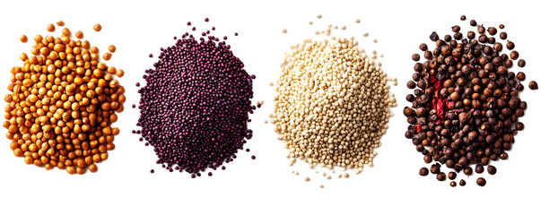 Four piles of colorful spices coriander, mustard seeds, quinoa, and black peppercorns on a transparent background