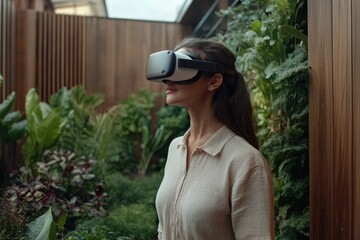 A woman wears a VR headset and experiences virtual reality technology in a lush outdoor garden, seamlessly blending the virtual and natural environments.
