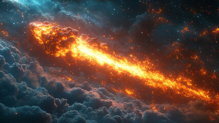 Fototapeta premium Jet Fuel Trail or Comet Streak: A Fiery Meteor, Rocket Launch, or Supernatural Event Racing Through the Sky with a Glowing Vapor Trail of Light and Fire
