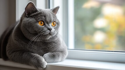 A gray cat with striking orange eyes gazes out a window, showcasing tranquility and curiosity.