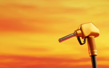 Golden fuel pump under a sunset sky, luxury and energy concept, 3D illustration
