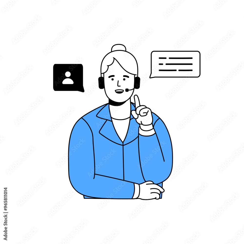 Poster support service employee in headset assists clients. worker of call center communicates with custome