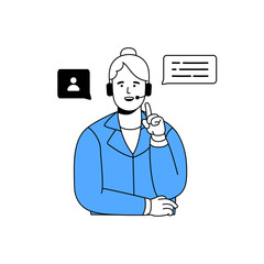 Support service employee in headset assists clients. Worker of call center communicates with customers. Operator of hotline, helpdesk helps people. Flat isolated outline vector illustration on white