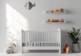 Minimalist nursery with clean white walls, a simple crib, and a small shelf with toys neatly arranged