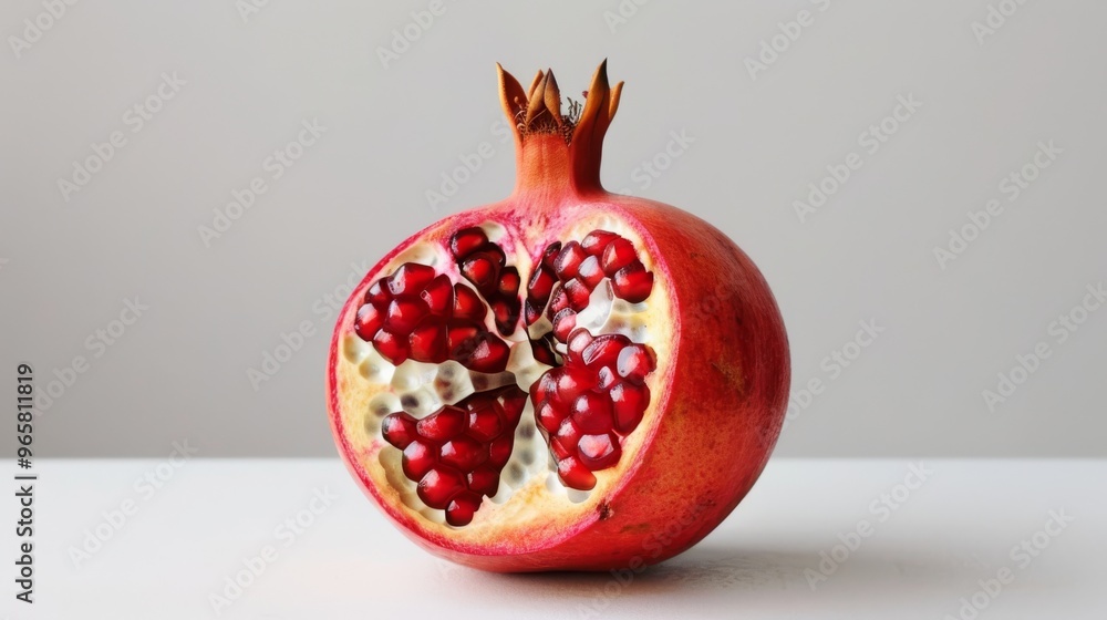 Poster cross-sectional view of a pomegranate showing its juicy interior with seeds and pulp on a white surf
