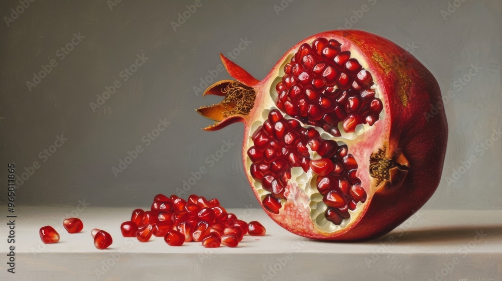Poster cross-sectional view of a pomegranate showing its juicy interior with seeds and pulp on a white surf
