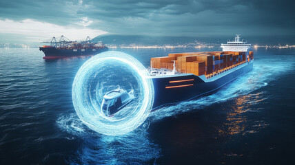 A blue-white energy wave flows from an electric ship toward a cargo vessel.