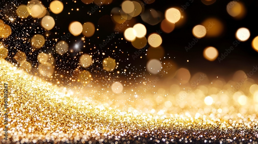 Poster golden shimmering bokeh backdrop, enchanting sparkle effects create a mesmerizing abstract atmospher