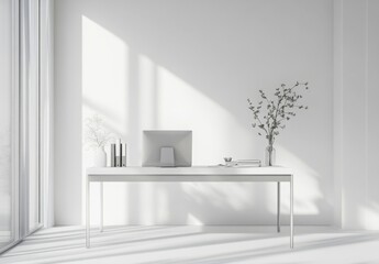 Fototapeta premium Minimalist office space with white walls, a sleek desk, and minimal decor to maintain focus and productivity