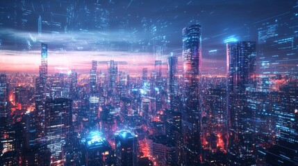 Obraz premium The fusion of science and technology in a digital city, with holograms, drones, and AI systems.