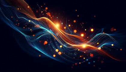 Abstract dynamic flowing lines in vibrant orange blue hues composition evokes a feeling of motion and light suggesting a digital or futuristic theme against a dark background