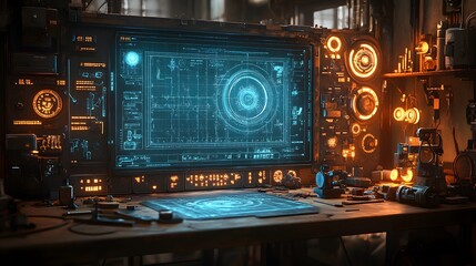 Obraz premium Crafting table featuring an assortment of tools, equipment, and a blue blueprint, illuminated by warm light. 3D rendering highlights the organized nature of the workspace and the intricate details of