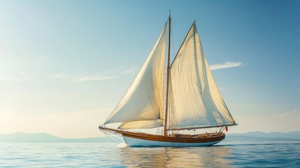 Fototapeta premium Classic wooden yacht gliding across tranquil waters, sails billowing in the breeze, beneath a vast clear sky, evoking a sense of adventure and timeless elegance.