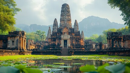 Obraz premium Majestic Thai ancient temple standing under a bright blue sky with a spread of green grass in the foreground. The realistic photography style includes a delicate bokeh effect that subtly blurs the