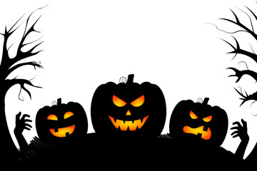 Vector illustration of Halloween pumpkins and trees border on transparent background