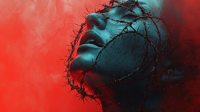 An abstract image showing a throat wrapped in barbed wire, representing the sharp pain of a sore throat.