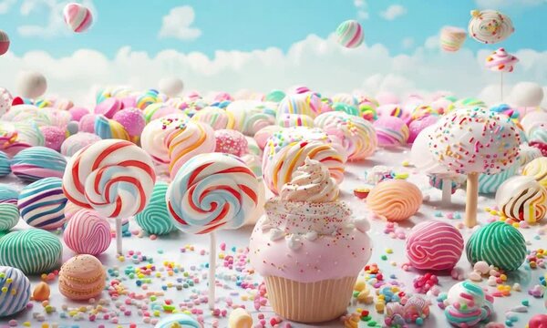 Colorful candy land with sweet treats and lollipops, bright and fun