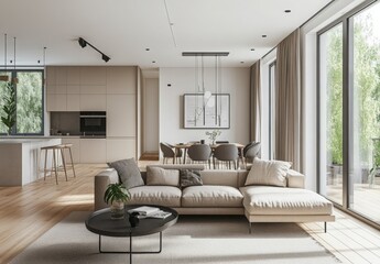 Fototapeta premium Minimalist open-plan living area with neutral colors, modern furniture, and large windows letting in natural light