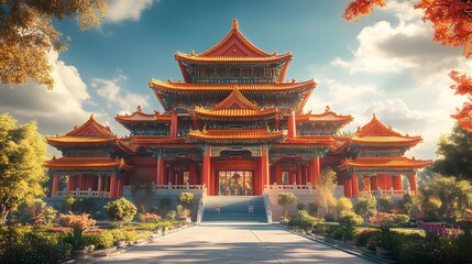 Obraz premium Traditional Chinese ancient temple set against a radiant blue sky, with sunlight casting warm tones over the scene. Realistic photography highlights the architectural beauty of the temple, creating a