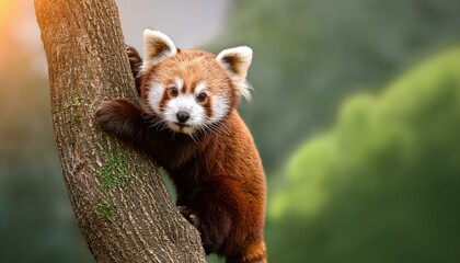 Fototapeta premium A cute red panda clings to a tree trunk, showcasing its charming features against a verdant background.