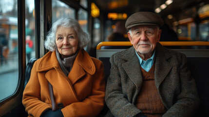 Elderly couple sitting on public transportation bus, dressed warmly, senior citizens commuting together, quiet urban ride, peaceful and reflective moment in everyday life, aging journey