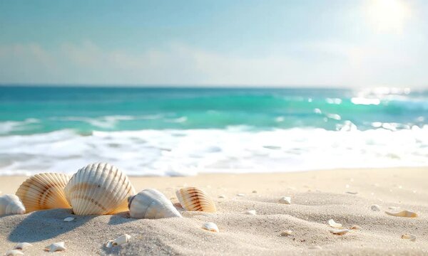 Idyllic beach with seashells, calm waters, and bright sunlight