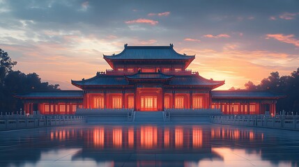 Graceful Chinese ancient temple illuminated by sun rays under a vivid blue sky. Realistic photography showcases the temple&acirc;&euro;&trade;s beauty and intricate details with no people in sight, providing a serene