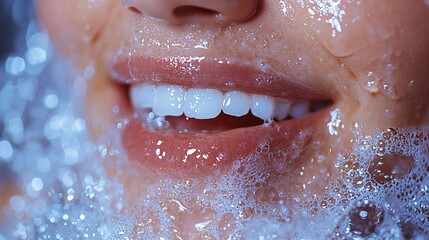 Obraz premium A person gargling saltwater, with visible droplets and a relieved expression after soothing their sore throat.