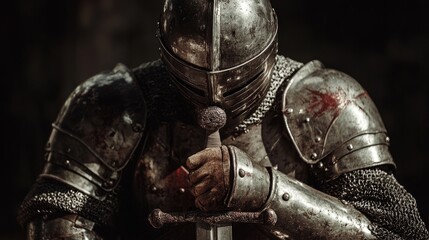 Fototapeta premium Medieval Knight in Armor Holding Sword Dark Background