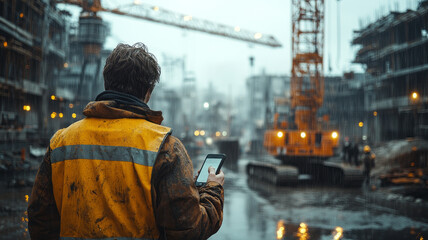 Fototapeta premium A civil engineer stands in the rain, phone in hand, overseeing a sunlit site.