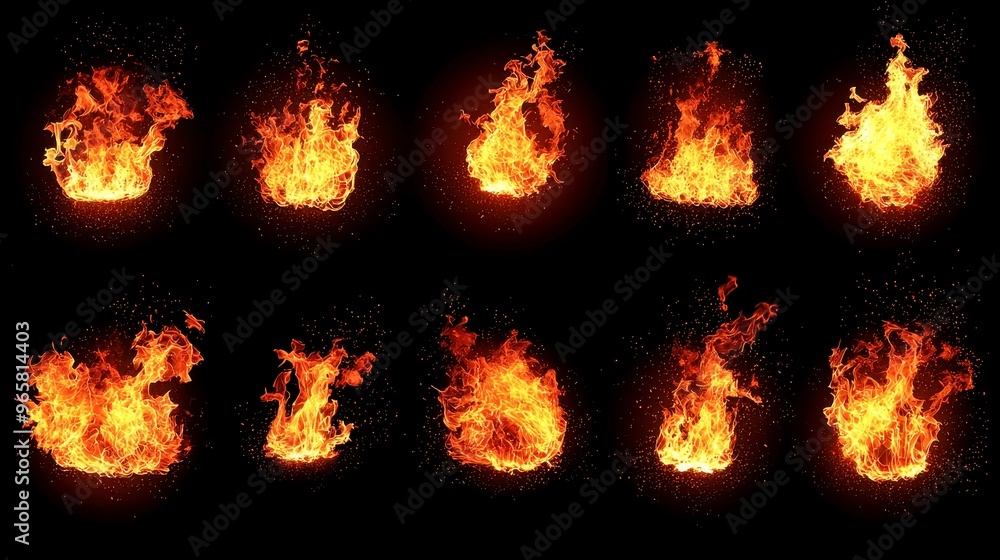 Poster dynamic fire flames collection, isolated on a dark backdrop, showcasing the mesmerizing movement and