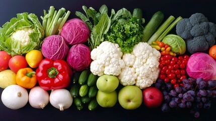 Vibrant Harvest, A colorful array of fresh fruits and vegetables, showcasing their natural textures and hues, arranged artfully to celebrate the bounty of nature.