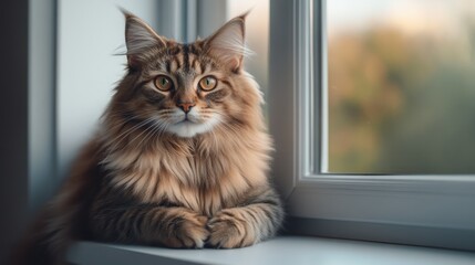 A Maine Coon cat resting by a window, gazing outdoors in soft evening light.