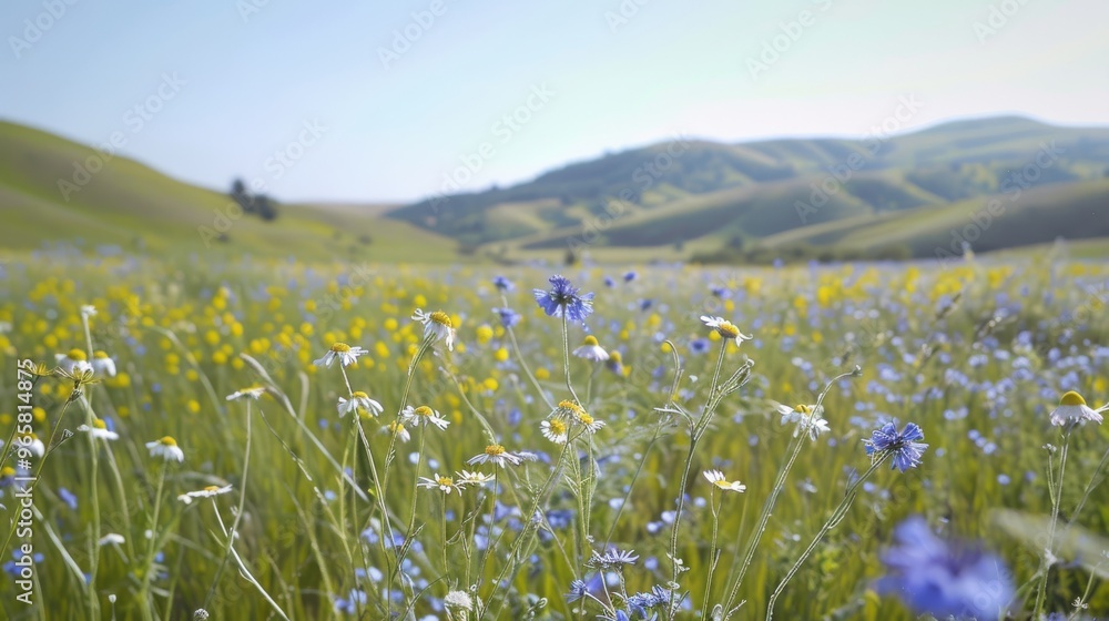 Poster springtime meadow bursting with an array of wildflowers like chamomile and cornflowers, framed by ro