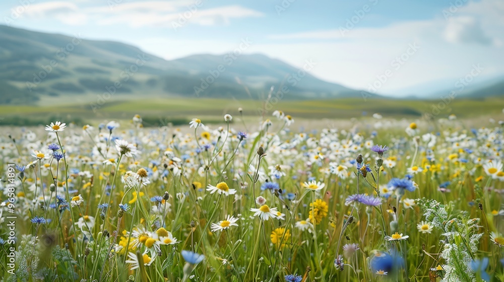 Poster Springtime meadow bursting with an array of wildflowers like chamomile and cornflowers, framed by rolling hills and a peaceful, clear sky.