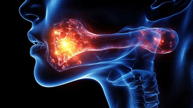 An illustration of a throat with visible swelling and irritation inside, with highlighted areas in red.
