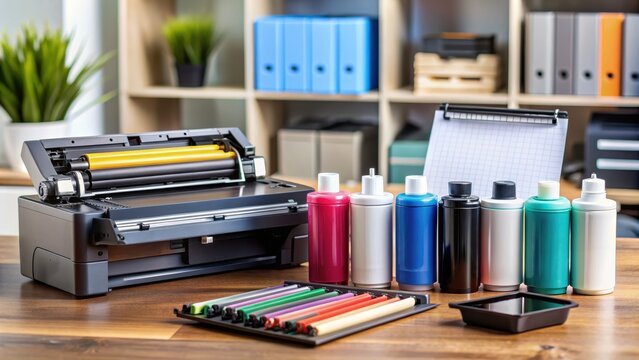 Close up of various printing consumables such as ink cartridges, toner cartridges, and paper on a desk, printing