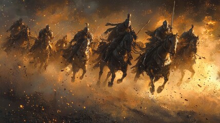 Fototapeta premium Knights on Horses Charging Through Fire