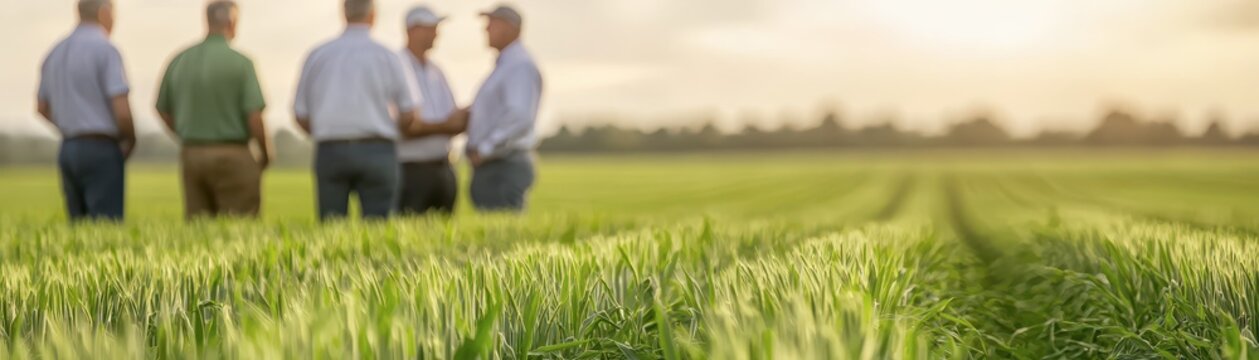 Group of farmers in a field discussing crop management strategies, teamwork, agricultural innovation