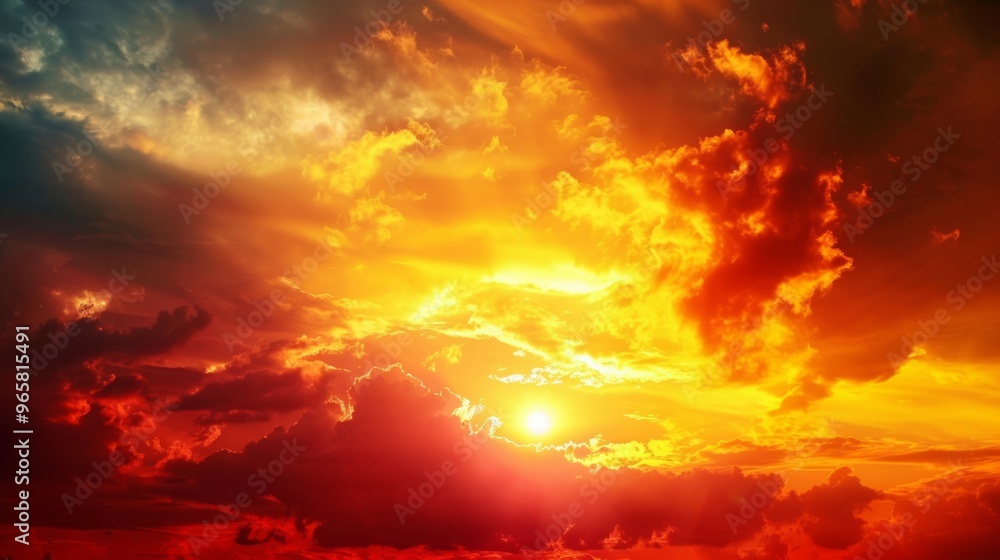 Poster the sun sets in a blaze of fiery colors, with the sky transitioning from bright yellow to deep crims