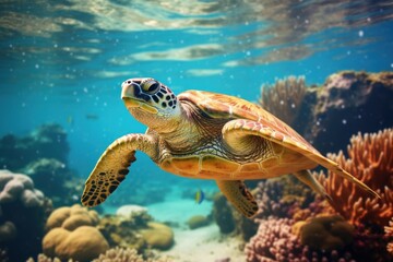 Fototapeta premium Sea turtle underwater outdoors swimming.