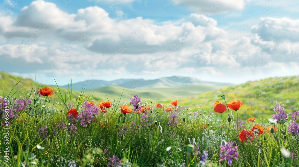 Poster tranquil spring meadow with lush green grass, dotted with colorful blossoms such as poppies and viol