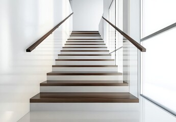 Fototapeta premium Minimalist staircase with sleek wooden steps, white walls, and a modern railing design
