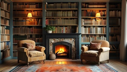 Warm and inviting library with a fireplace, comfortable armchairs, a soft rug, and shelves brimming...